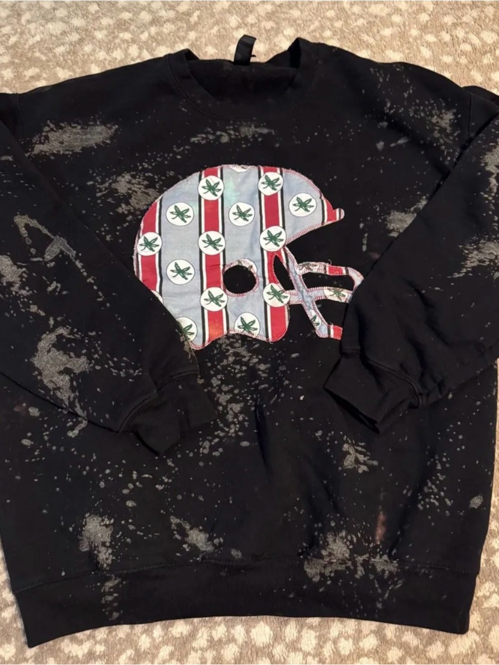 Black Bleach-Splatter Sweatshirt with Striped Football Helmet Patch